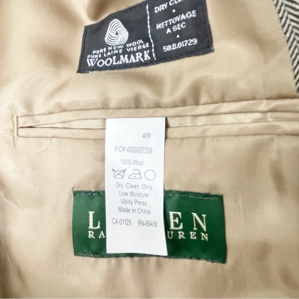 LAUREN RALPH LAUREN Men’s Brown Chevron Weave Wool Two Button Sport Coat Sz 46R